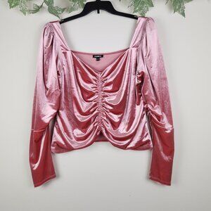 Express Sz XL Dusty Rose Blush Pink Ruched Front Stretch Velvet Long Sleeve Top